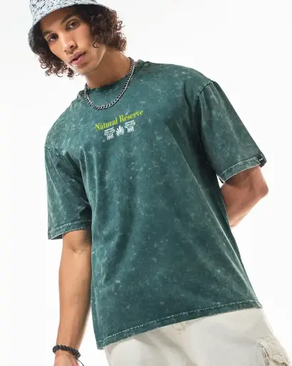 Men's Dark Sea Green Sanctuary Graphic Printed Oversized Acid Wash T-shirt